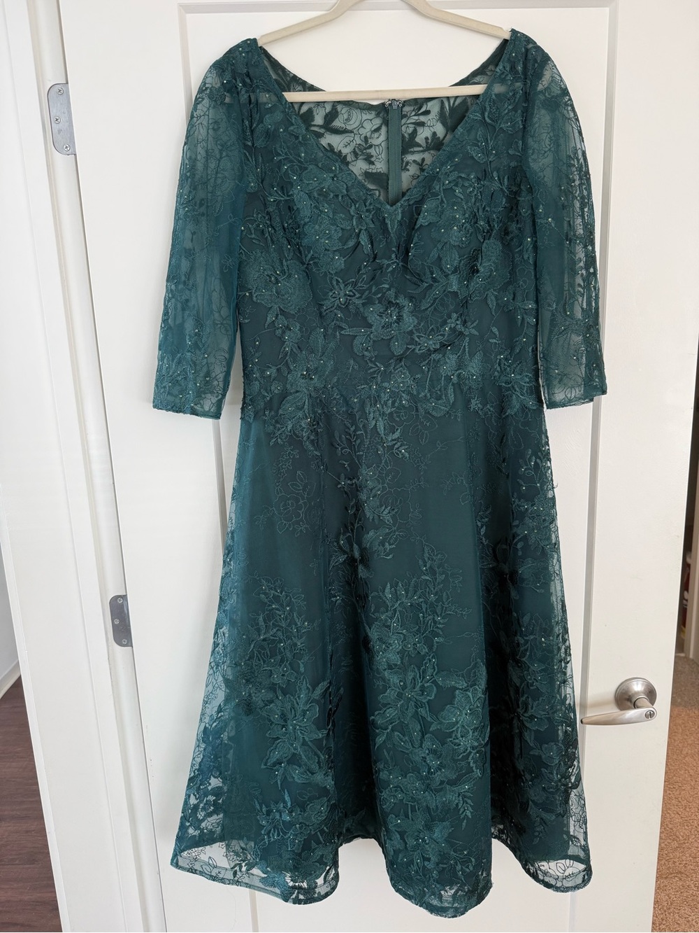 La Femme Tea Length Mother of the Bride Dress with Three-Quarter Sleeves